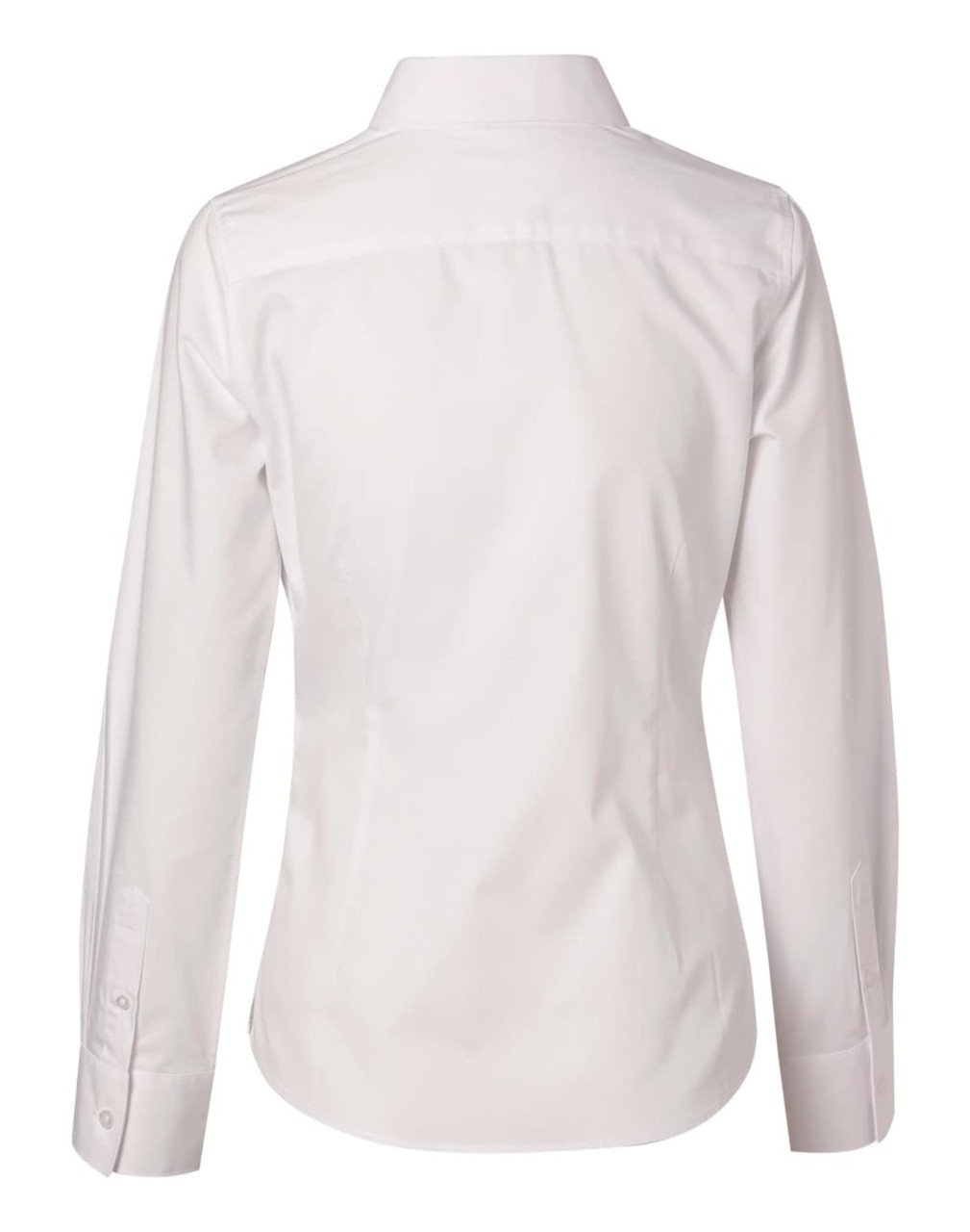 A women's white long-sleeve cotton/poly stretch button-up shirt, featuring a back view and a logo on the label.