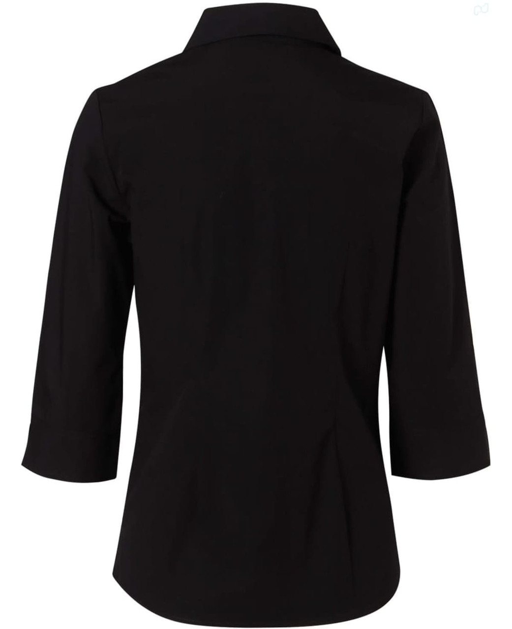 A black women's cotton/poly stretch shirt with 3/4 sleeves and a collar, featuring a smooth back design.