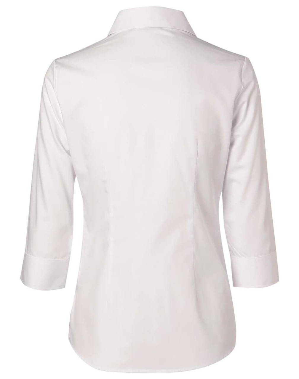 A white women's cotton/poly stretch 3/4 sleeve button-up shirt with a collar and a logo on the back.