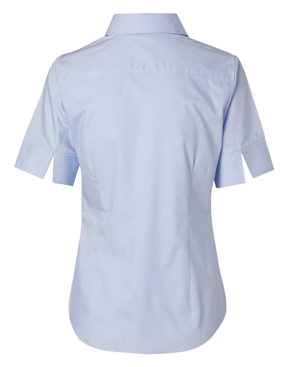 A light blue women's fine twill short-sleeve button-up shirt with a sleek design and a back yoke.