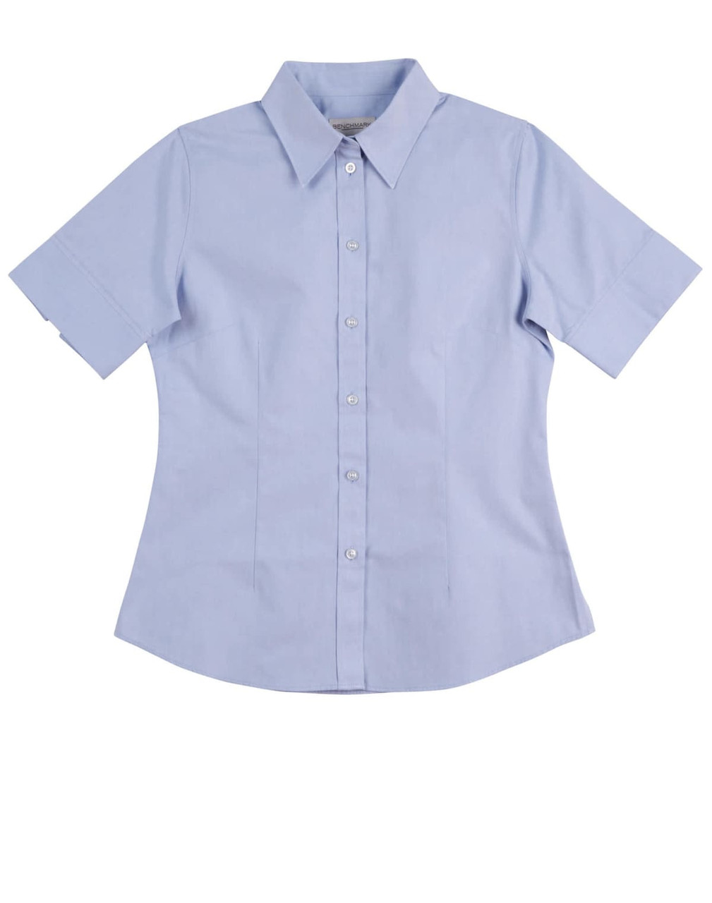 A light blue women's button-up short-sleeve shirt featuring a collar and a logo.