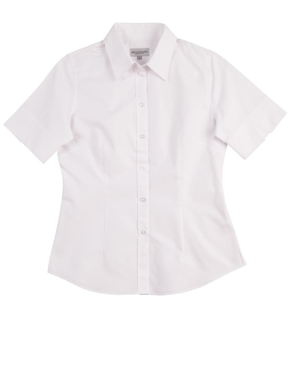 A white women's short-sleeve button-up Oxford shirt. It features a fitted design and includes a logo.