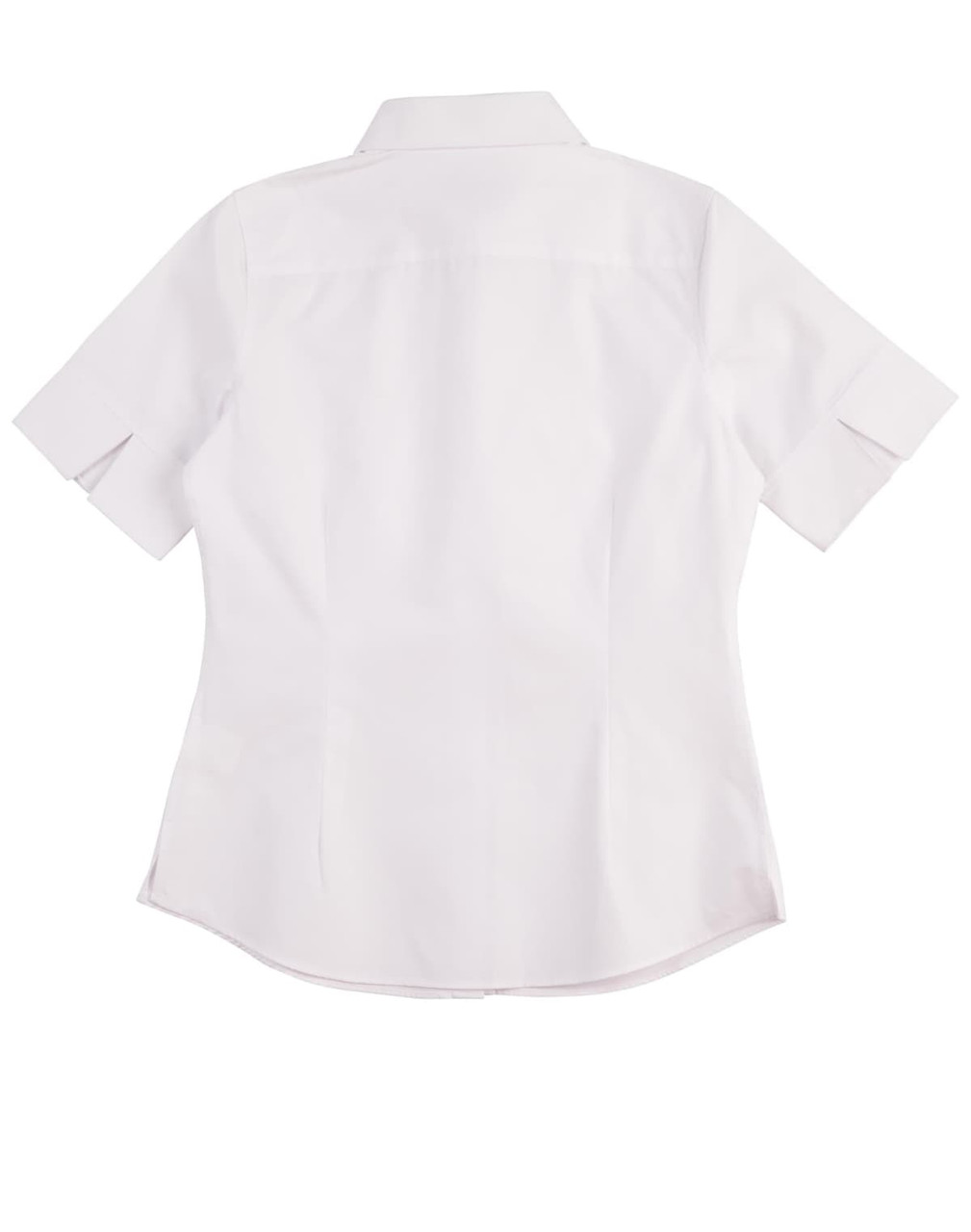 A short-sleeved women's oxford shirt in white, featuring a classic button-up design and a logo.