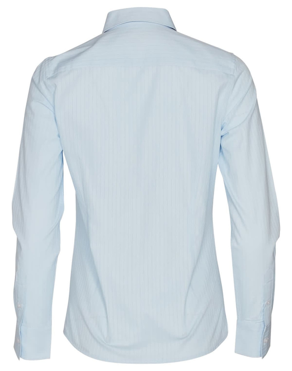 A light blue women's self-stripe long-sleeve button-up shirt with a collar and cuffed sleeves.