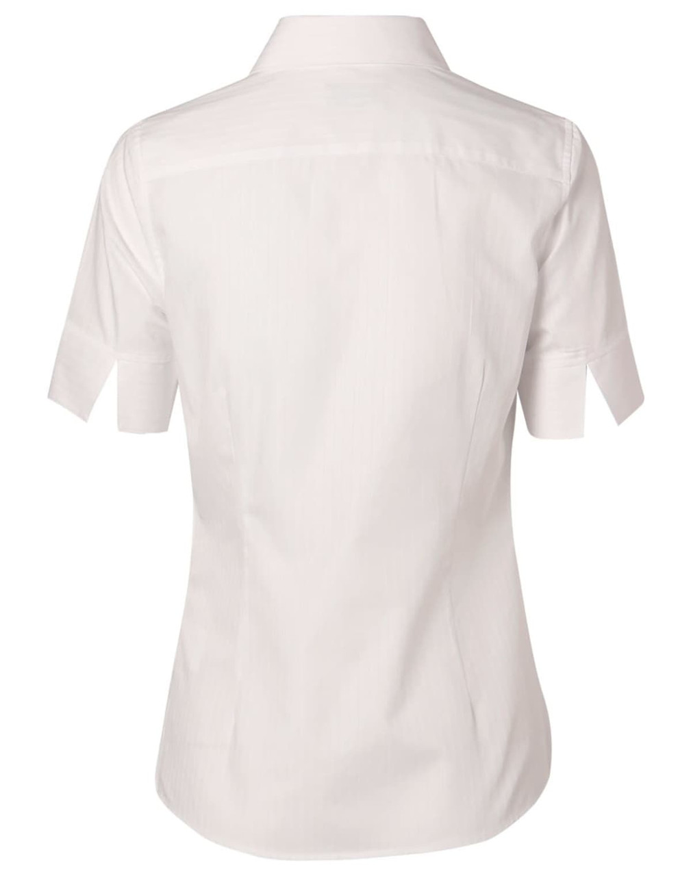 A women's short-sleeve button-up shirt in white with a self-stripe pattern and a logo on the back.