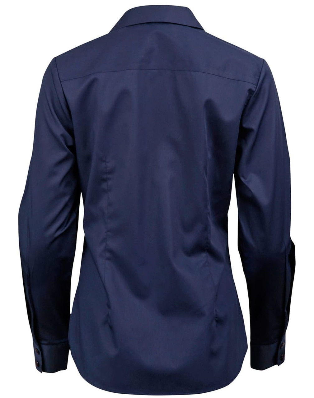 A navy long-sleeve women's button-up shirt featuring a dobby striped design and a logo on the back.