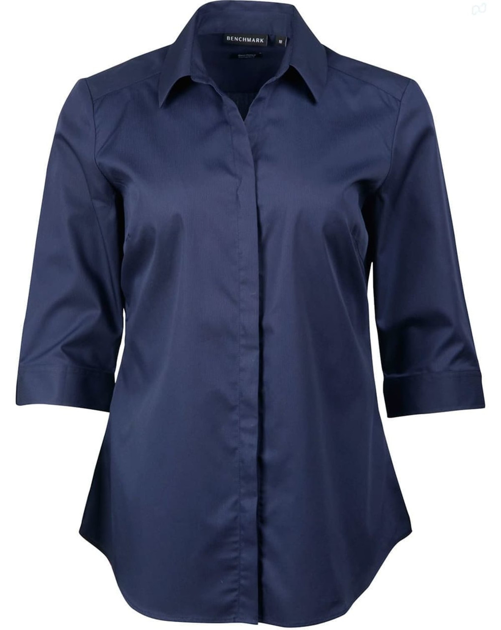 A navy blue button-up shirt with 3/4 sleeves and a modern fit, featuring a logo on the collar.