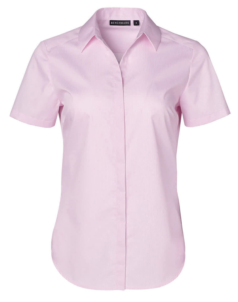 A pink short-sleeved button-up shirt with a Dobby striped pattern and a logo on the collar.
