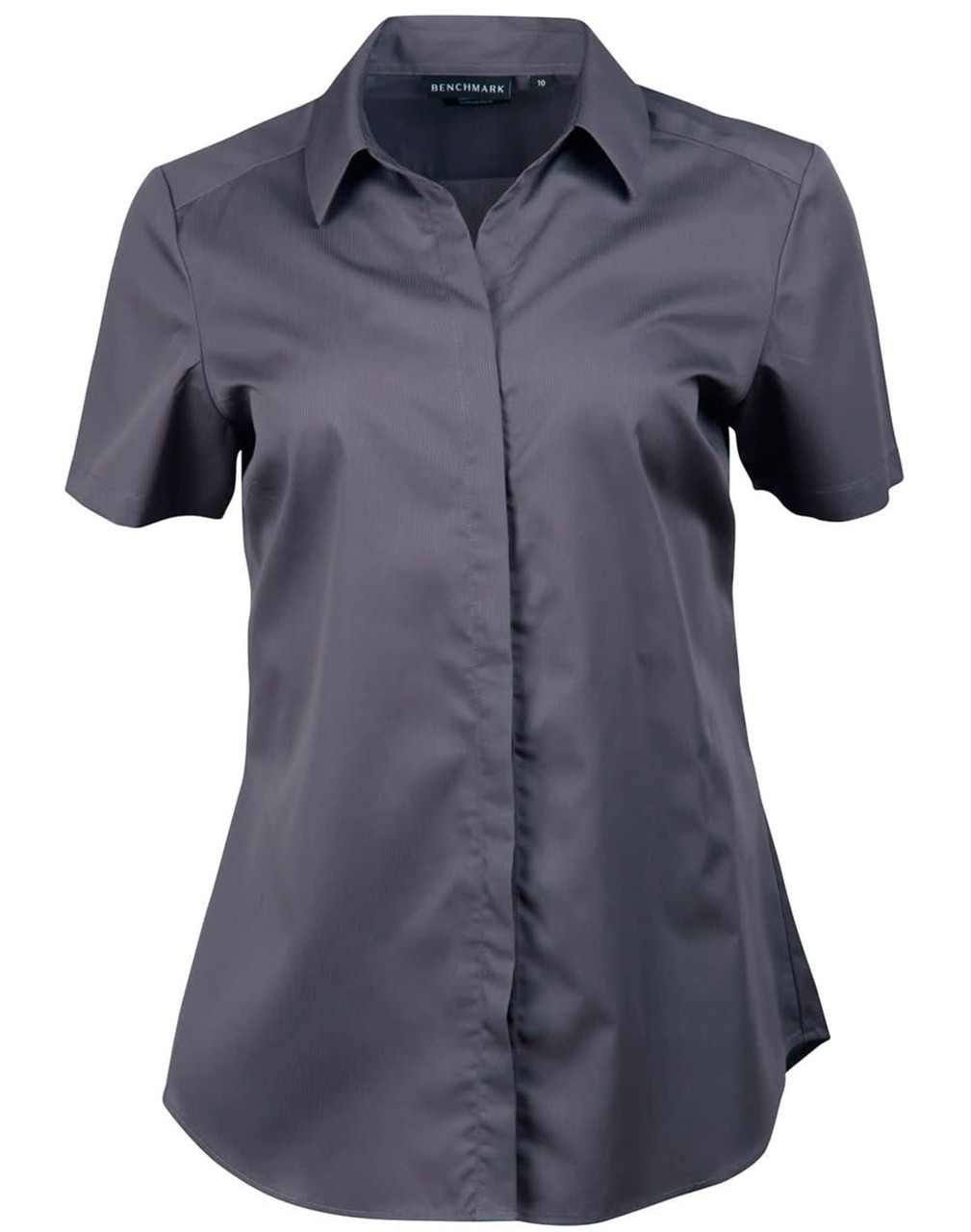 A short-sleeved, button-up shirt in dark grey with a subtle striped pattern and a branded label inside.