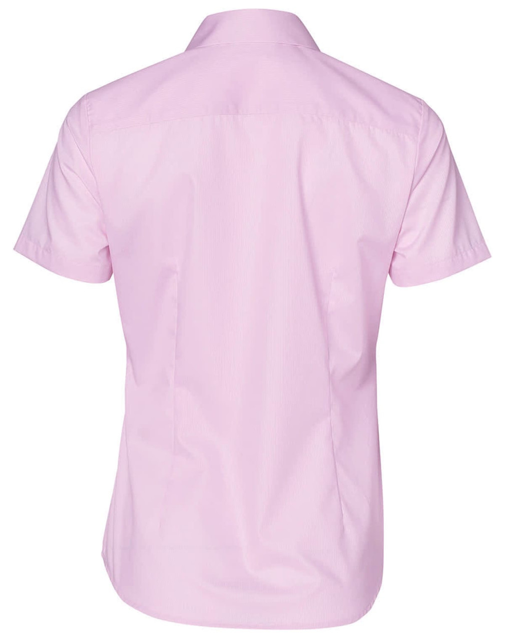 A pink short-sleeved button-up shirt with a striped design and a logo on the back.