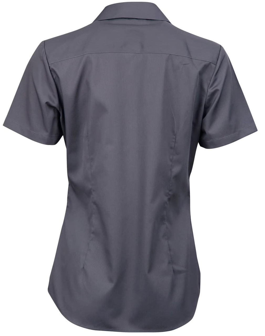 A short-sleeved button-up shirt in dark grey with a fitted silhouette and a subtle striped pattern.