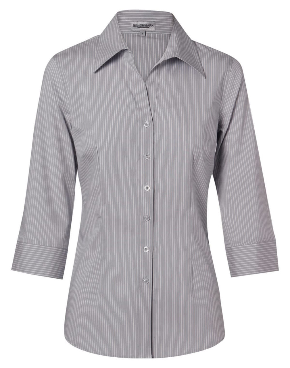 A grey and white striped women's button-up shirt with 3/4 sleeves and a collar. Features a logo.