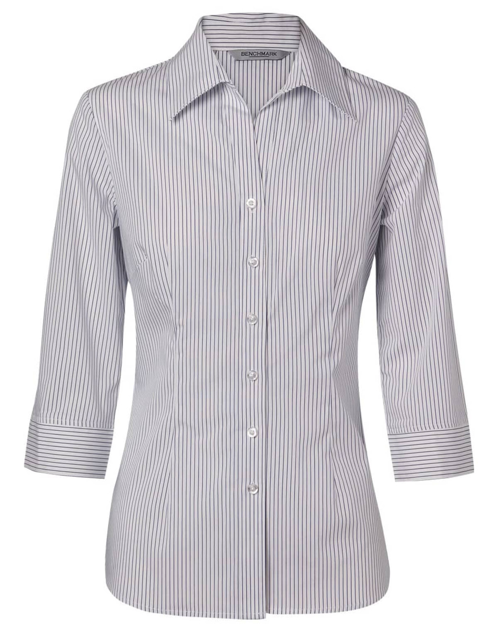 A button-up women's shirt featuring a blue and white ticking stripe design and 3/4 sleeves. It has a collar and buttons.