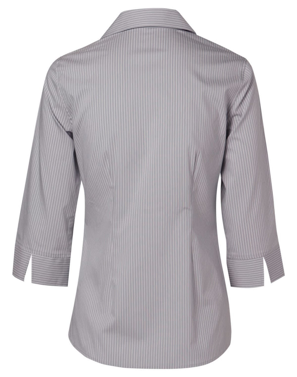 A women's button-up shirt featuring a grey and white ticking stripe design with 3/4 sleeves and a collar.