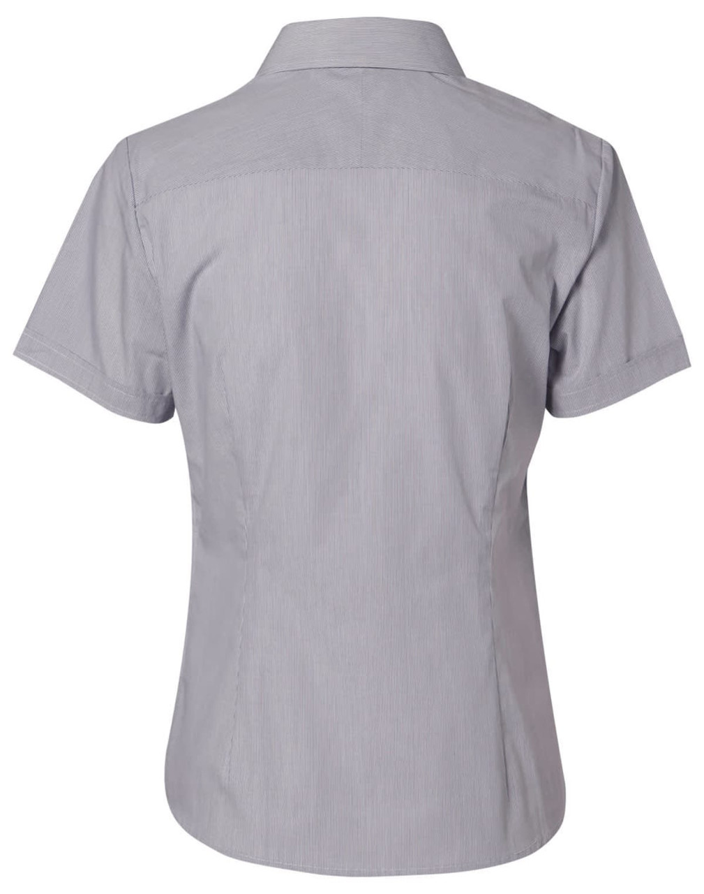 A light grey women's button-up shirt with a fine stripe pattern and short sleeves, featuring a collar and back yoke.