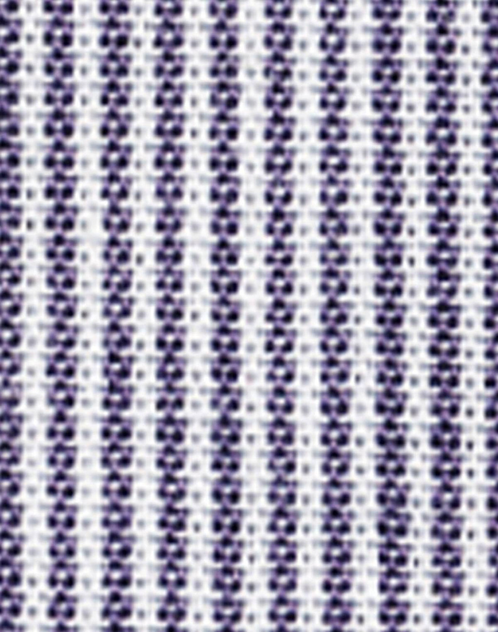 A close-up of fabric featuring fine stripes in purple and white, suitable for a long sleeve button-up shirt.