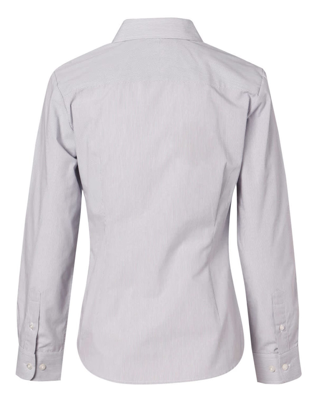 A button-up women's shirt featuring fine stripes in light grey, showcasing a classic collar and long sleeves.