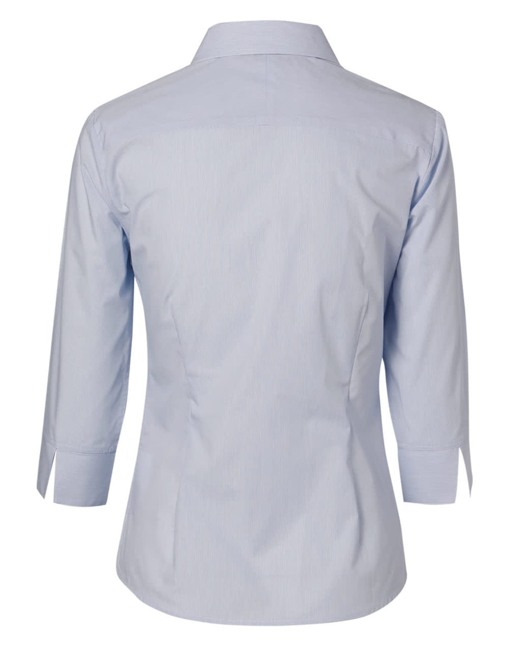A light blue women's fine stripe button-up shirt with 3/4 sleeves, featuring a classic collar and a fitted silhouette.