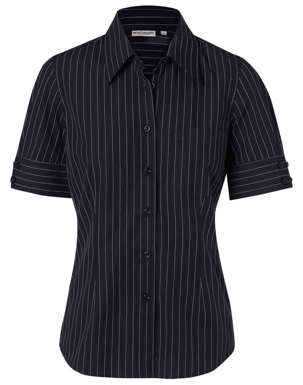 A black women's short sleeve button-up shirt featuring a pinstripe pattern and a chest pocket.