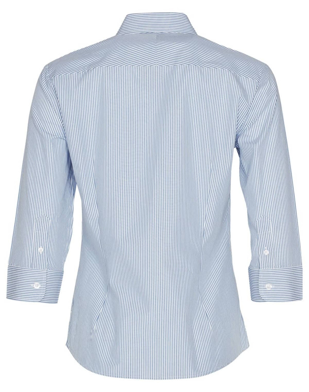 A blue and white striped women's button-up shirt with 3/4 sleeves and a back view. Features a logo.