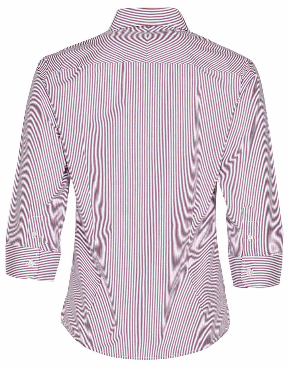 A women's button-up shirt featuring red and white stripes with 3/4 sleeves and a collar, displaying a plain back view.