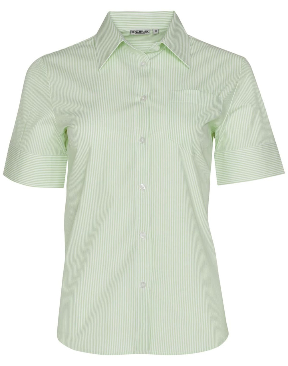 A light green striped short sleeve button-up shirt featuring a collar and a small pocket.