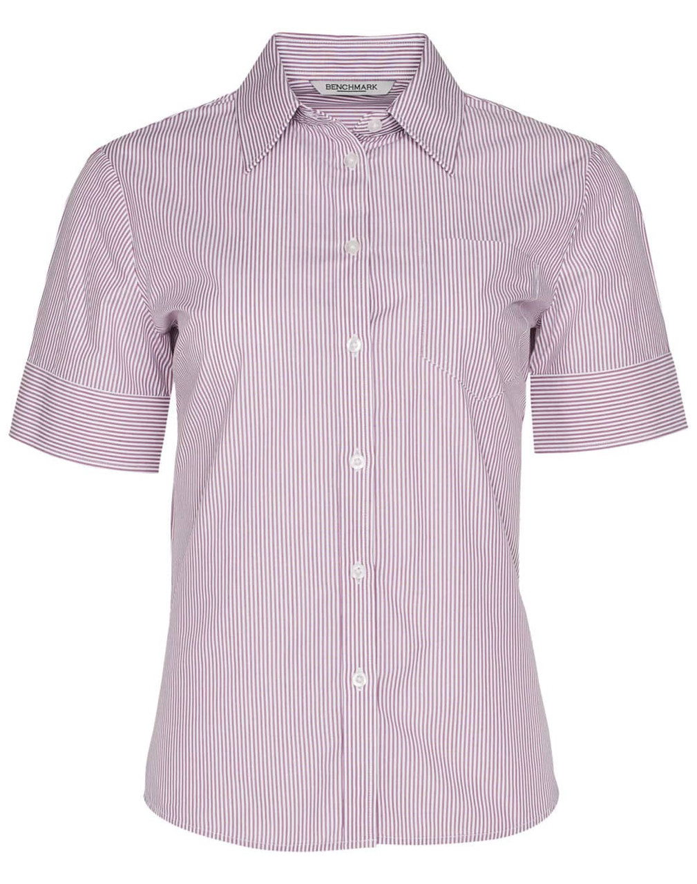 A short sleeve button-up shirt in red and white stripes, featuring a single chest pocket and a branded label.