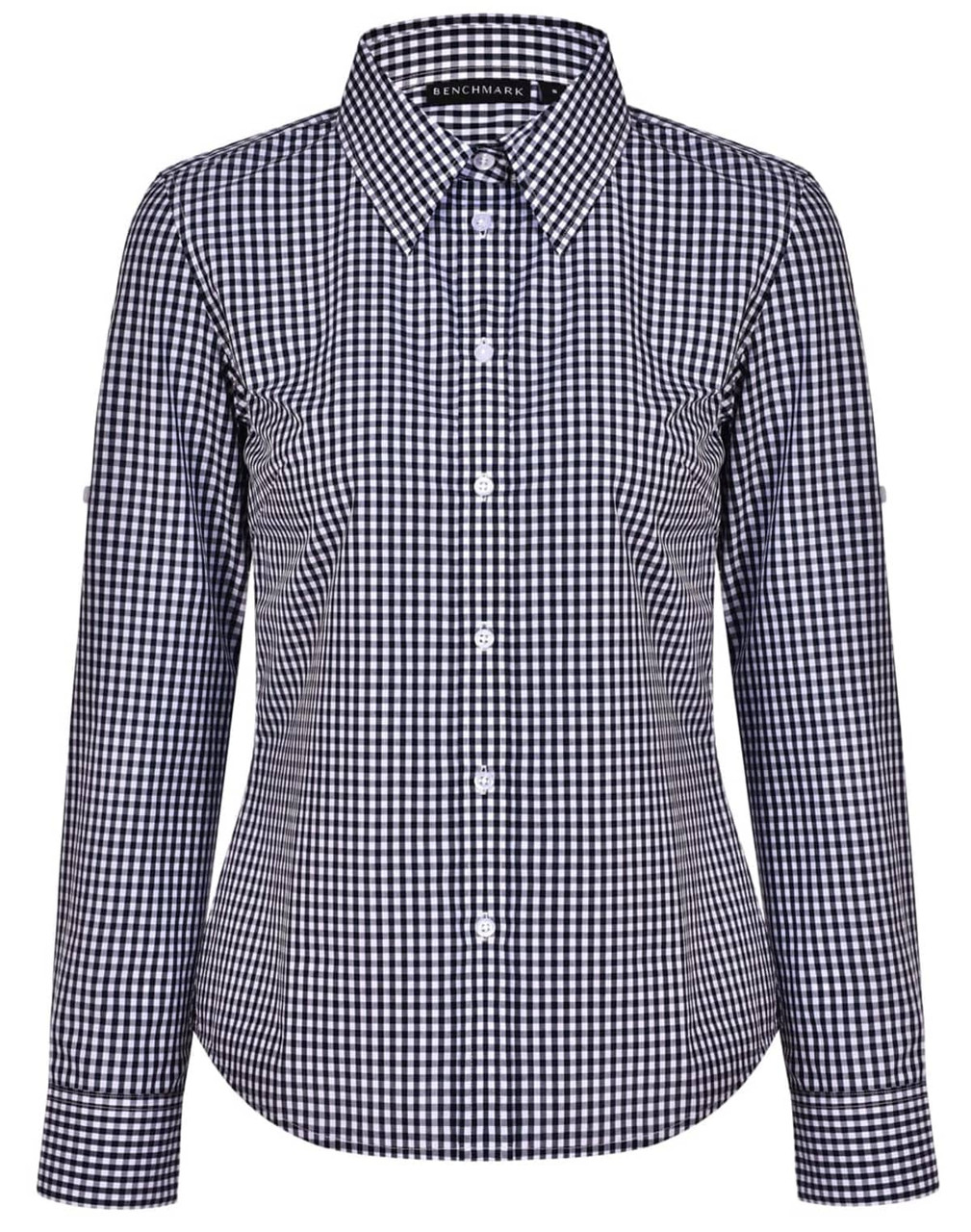 A women's button-up shirt featuring a navy and white gingham check pattern, with roll-up long sleeves and a collar.