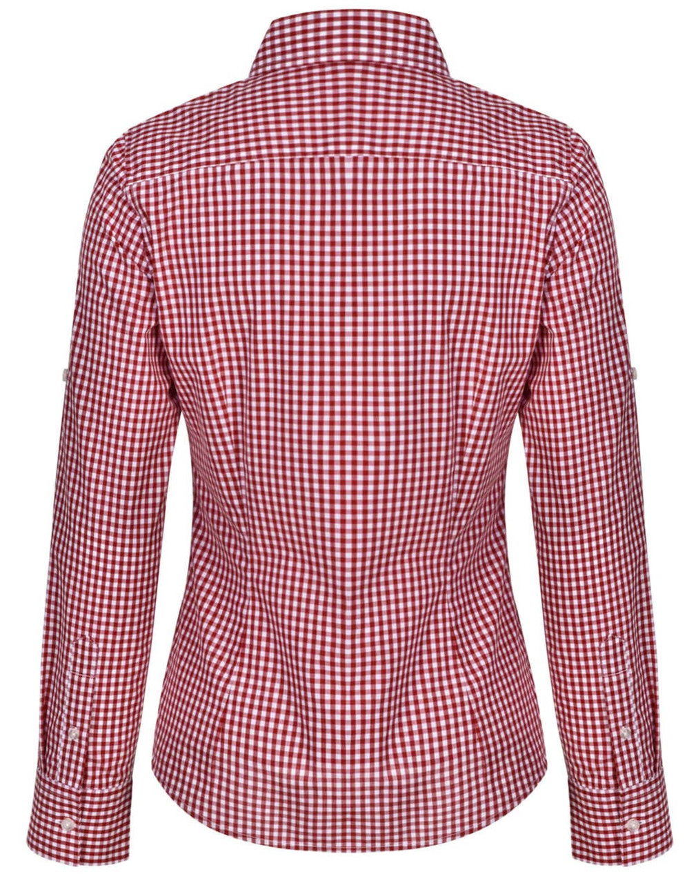 A red and white gingham check roll-up long sleeve shirt with a fitted design and a logo on the back.