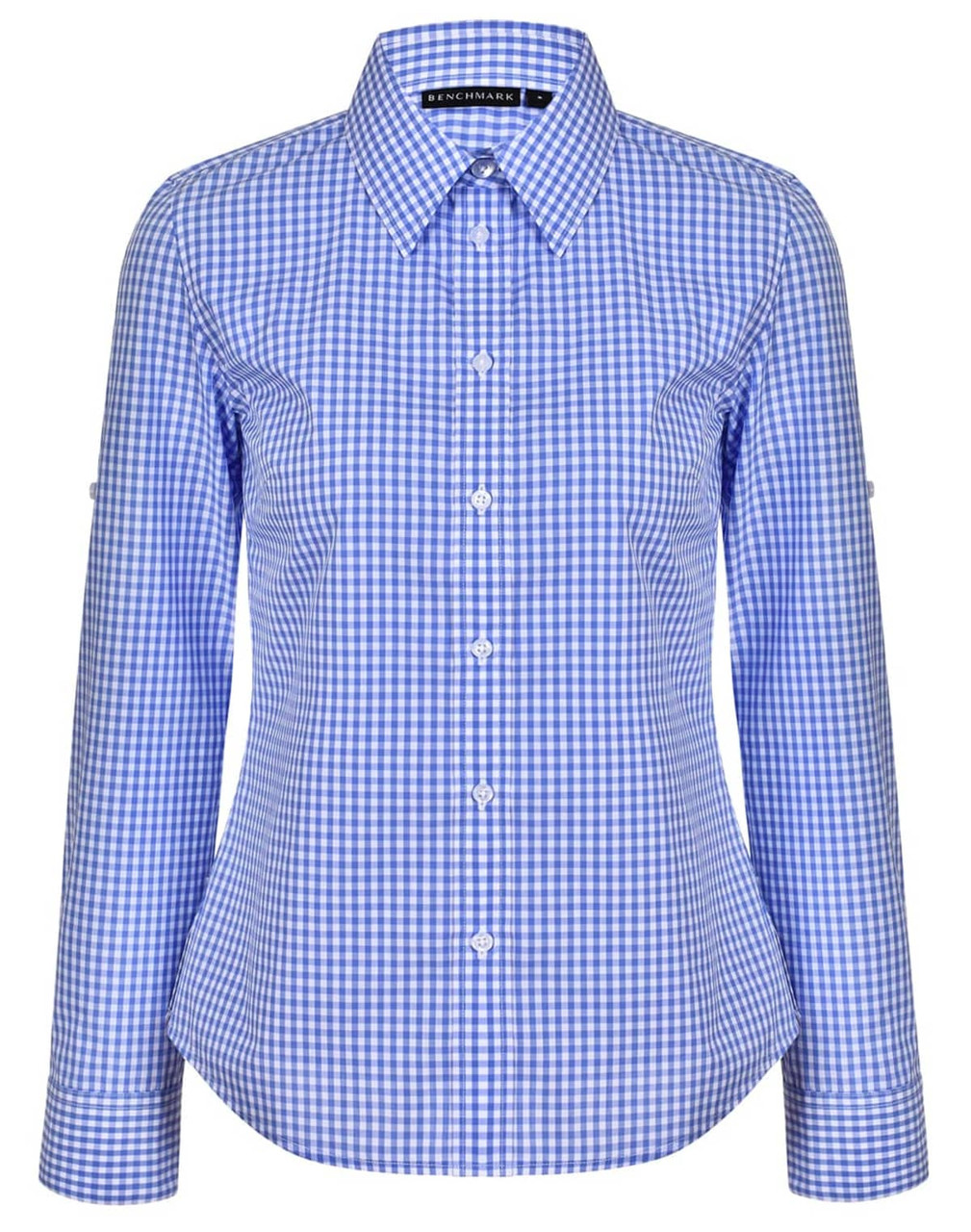 A blue and white gingham check long-sleeve button-up shirt with roll-up sleeve option and a collar.