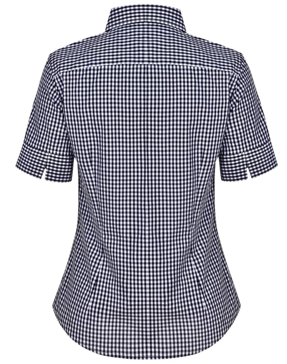 A women's short-sleeve button-up shirt featuring a navy and white gingham check pattern, with a fitted design and collar.