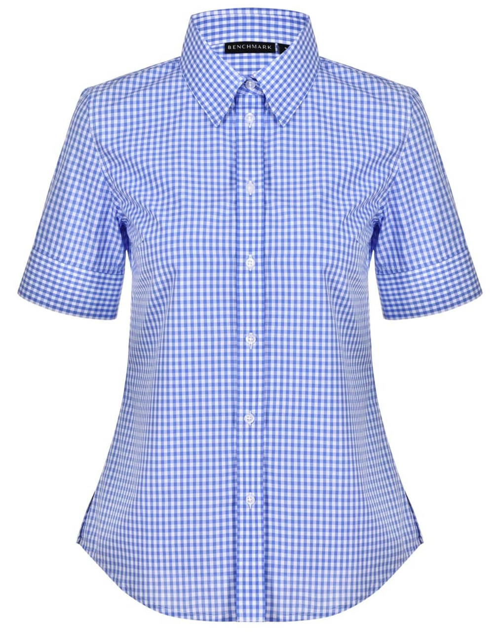 A blue and white gingham check short-sleeve button-up shirt with a collar. Features a logo on the label.