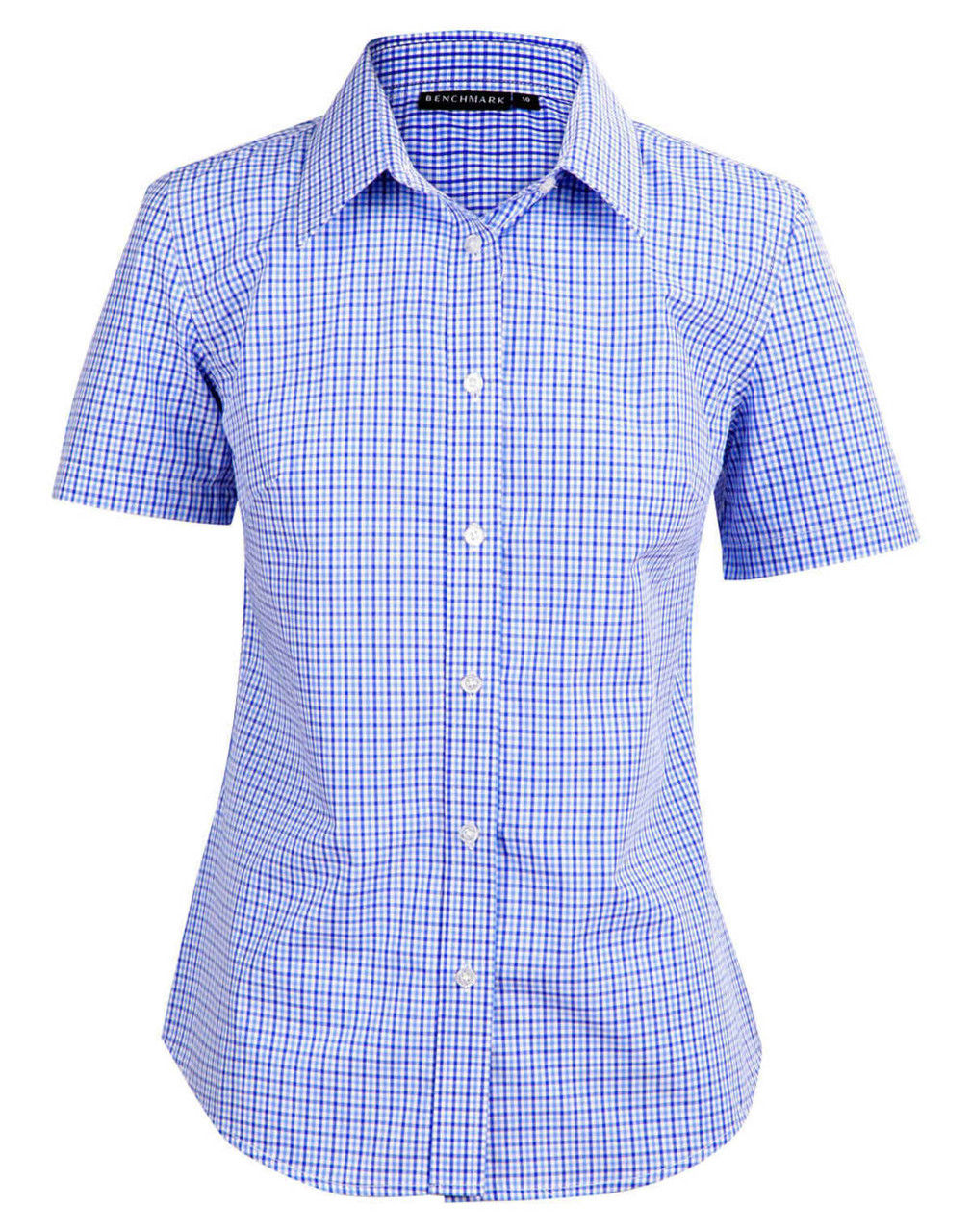 A ladies' short-sleeve button-up shirt in blue and white check pattern, featuring a fitted design and collar.