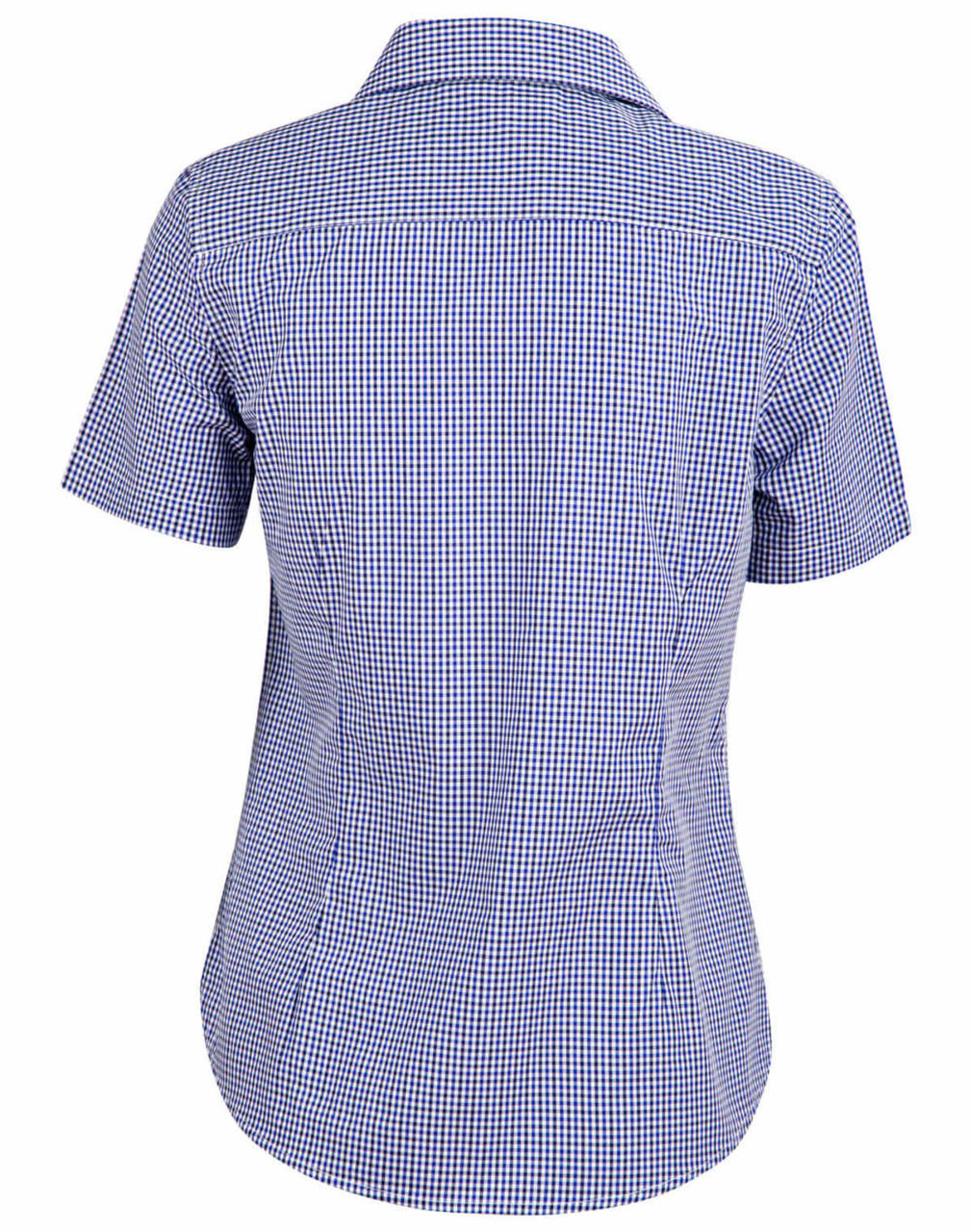 A short-sleeved, two-tone check button-up shirt in blue and white with a fitted silhouette. Features a logo on the back.