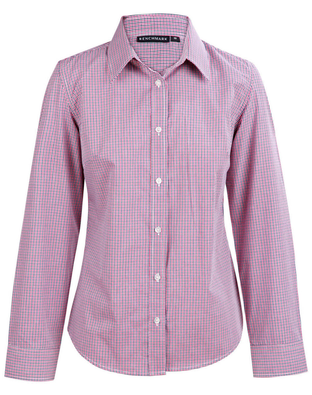 A two-tone mini check women's button-up shirt in red and white, featuring long sleeves and a classic collar.