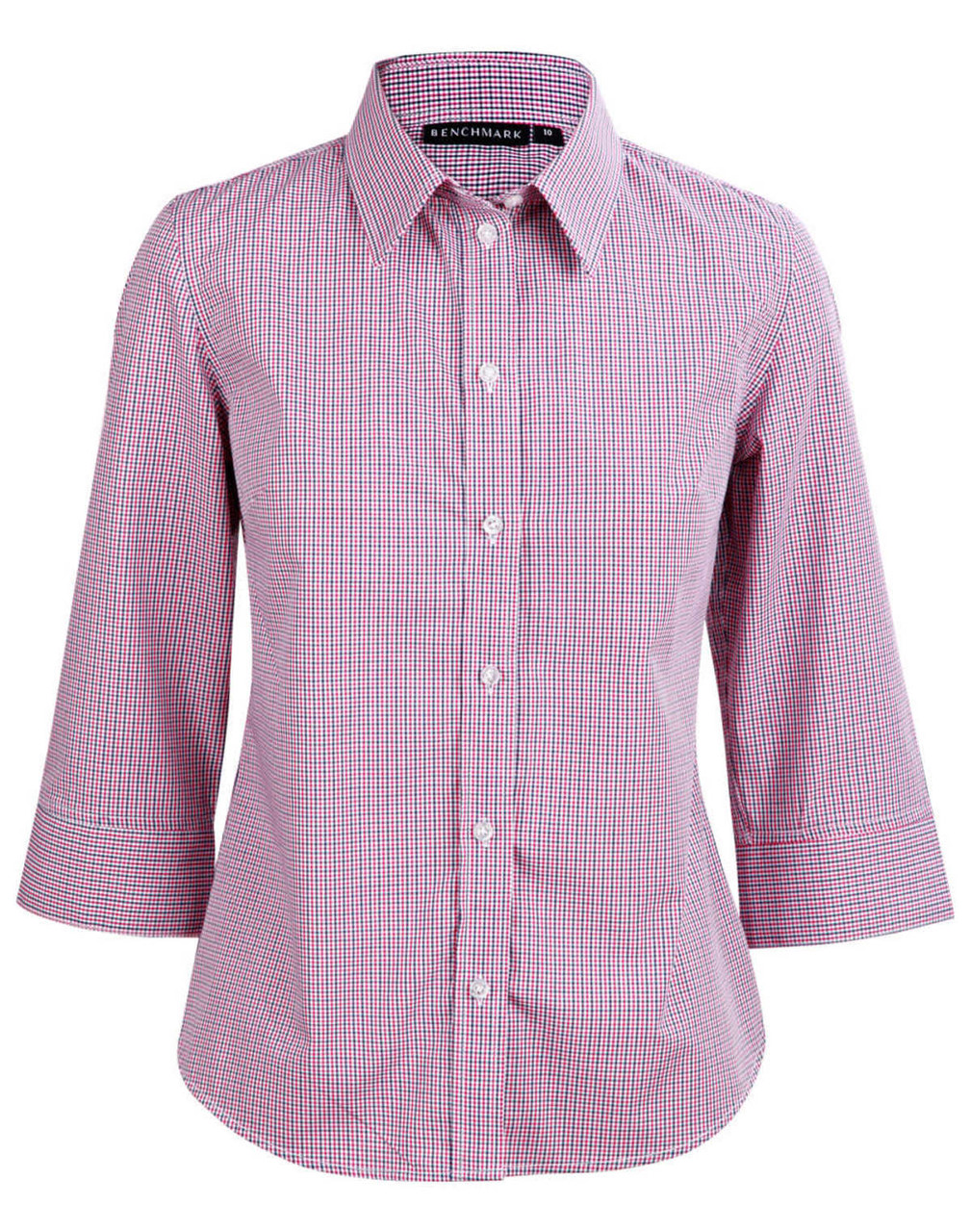 A red and white two-tone mini check button-up shirt with 3/4 sleeves and a collar. It features a logo at the neckline.