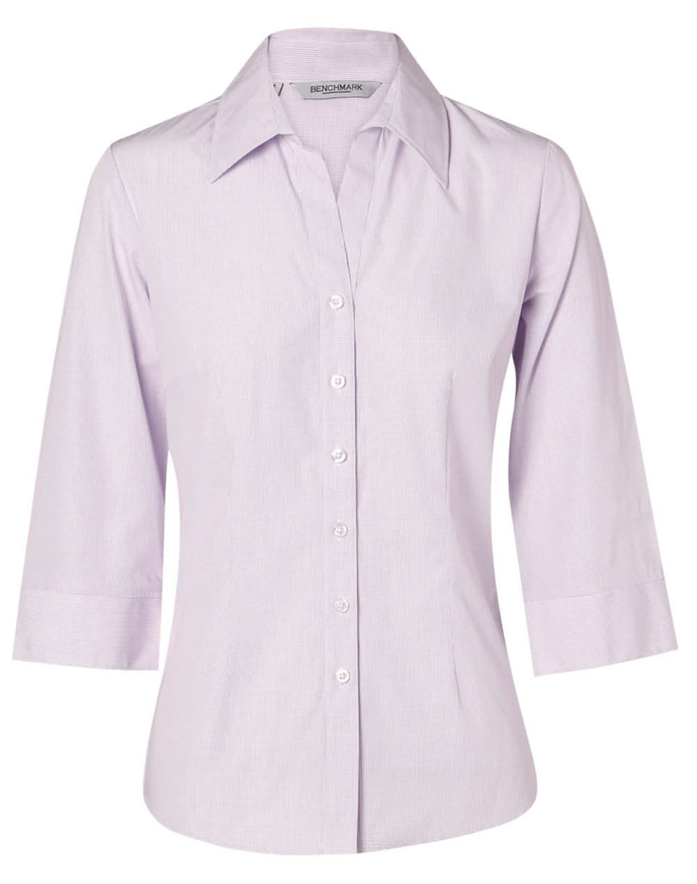 A lavender women's button-up shirt with 3/4 sleeves and a collar, featuring a subtle check pattern and a logo.