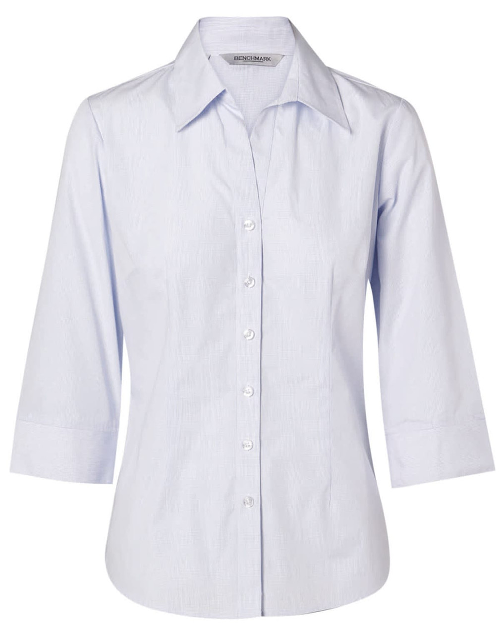 A light blue women's button-up shirt with 3/4 sleeves, featuring a collar and a logo.
