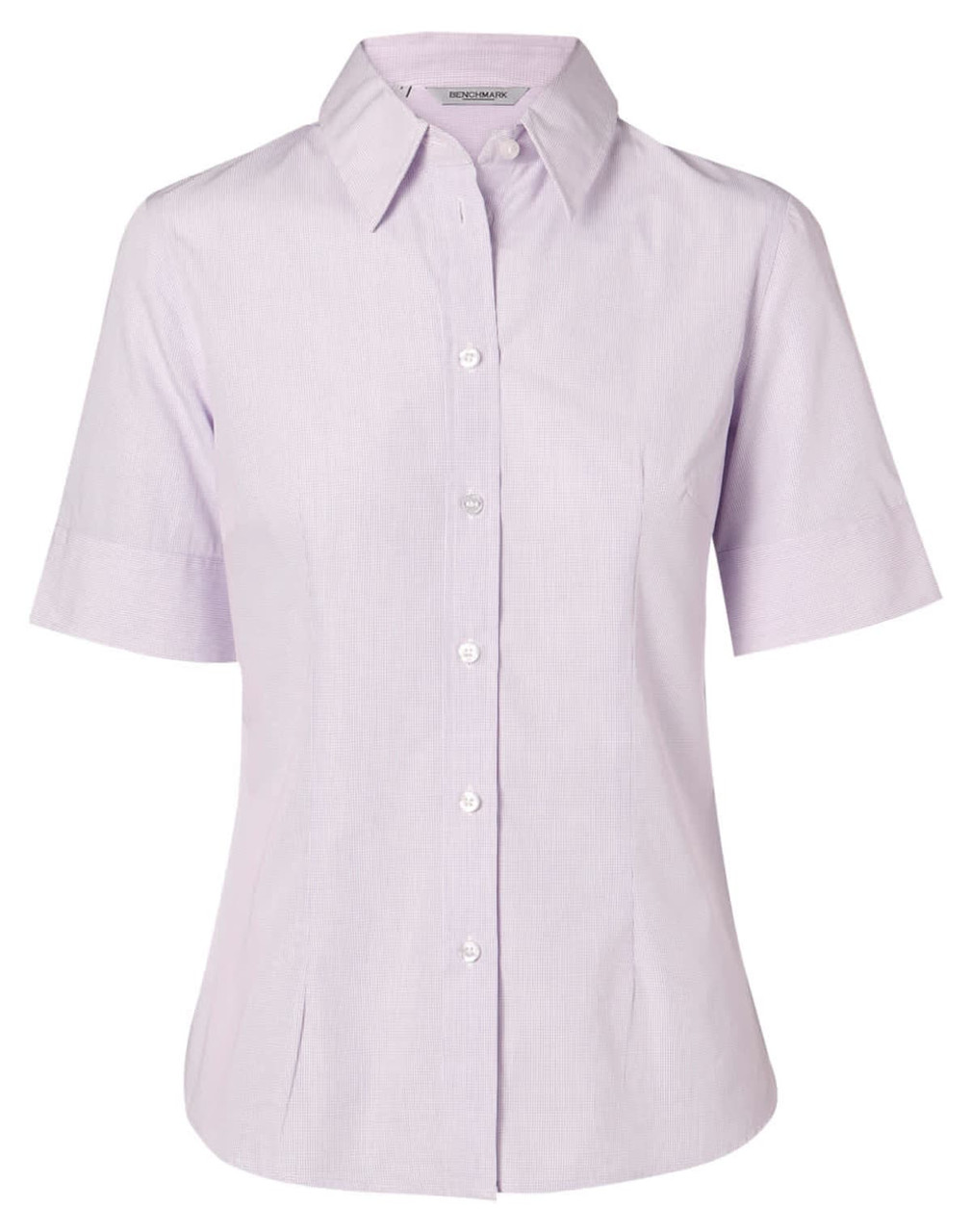 A women's short-sleeved button-up shirt in a light lavender mini check pattern, featuring a collar and a fitted silhouette.