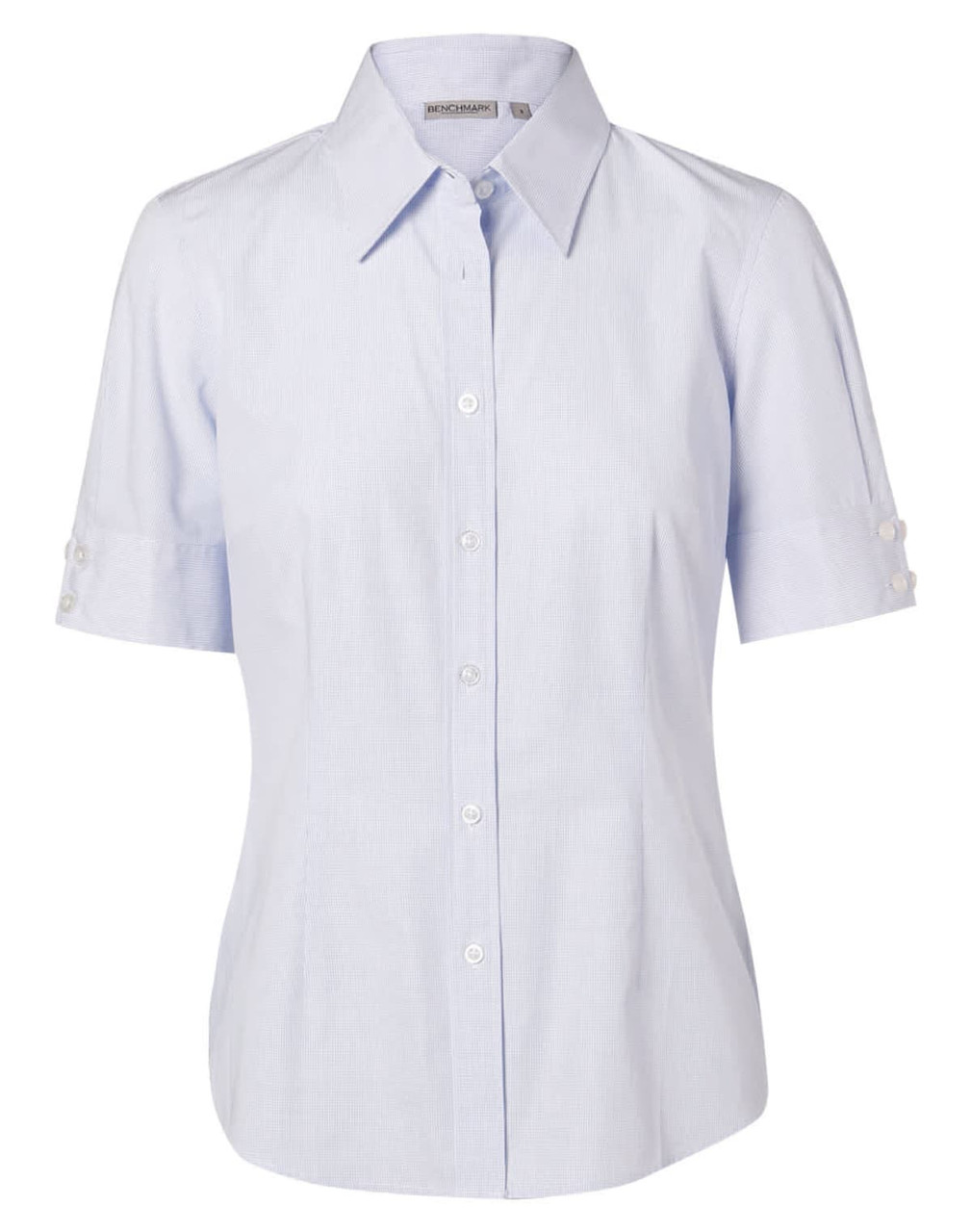 A light blue, short-sleeved women's button-up shirt with a collar and button details on the sleeves, featuring a logo.