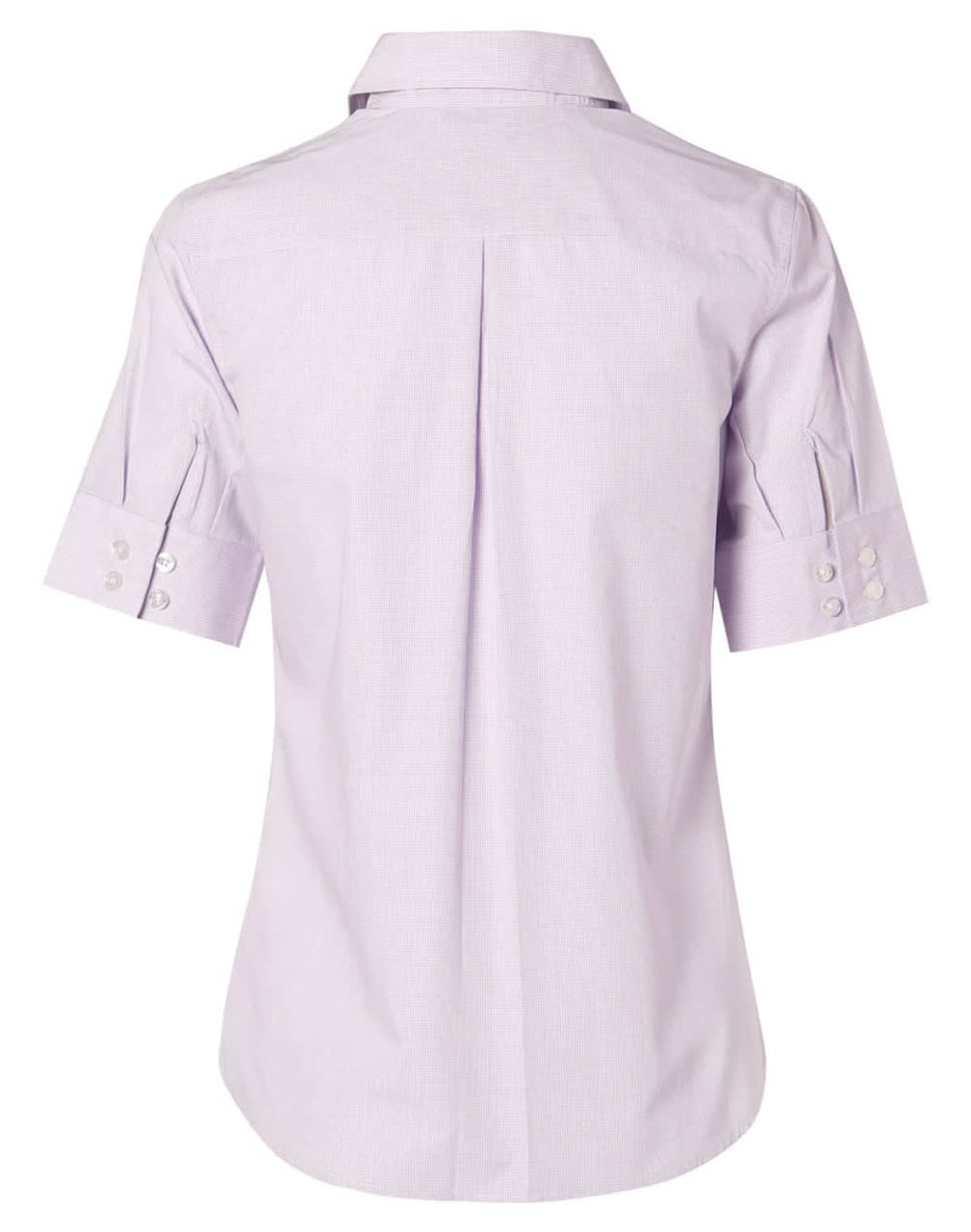 A lavender women's short-sleeve button-up shirt featuring a back pleat and buttoned cuffs. It has a logo on it.