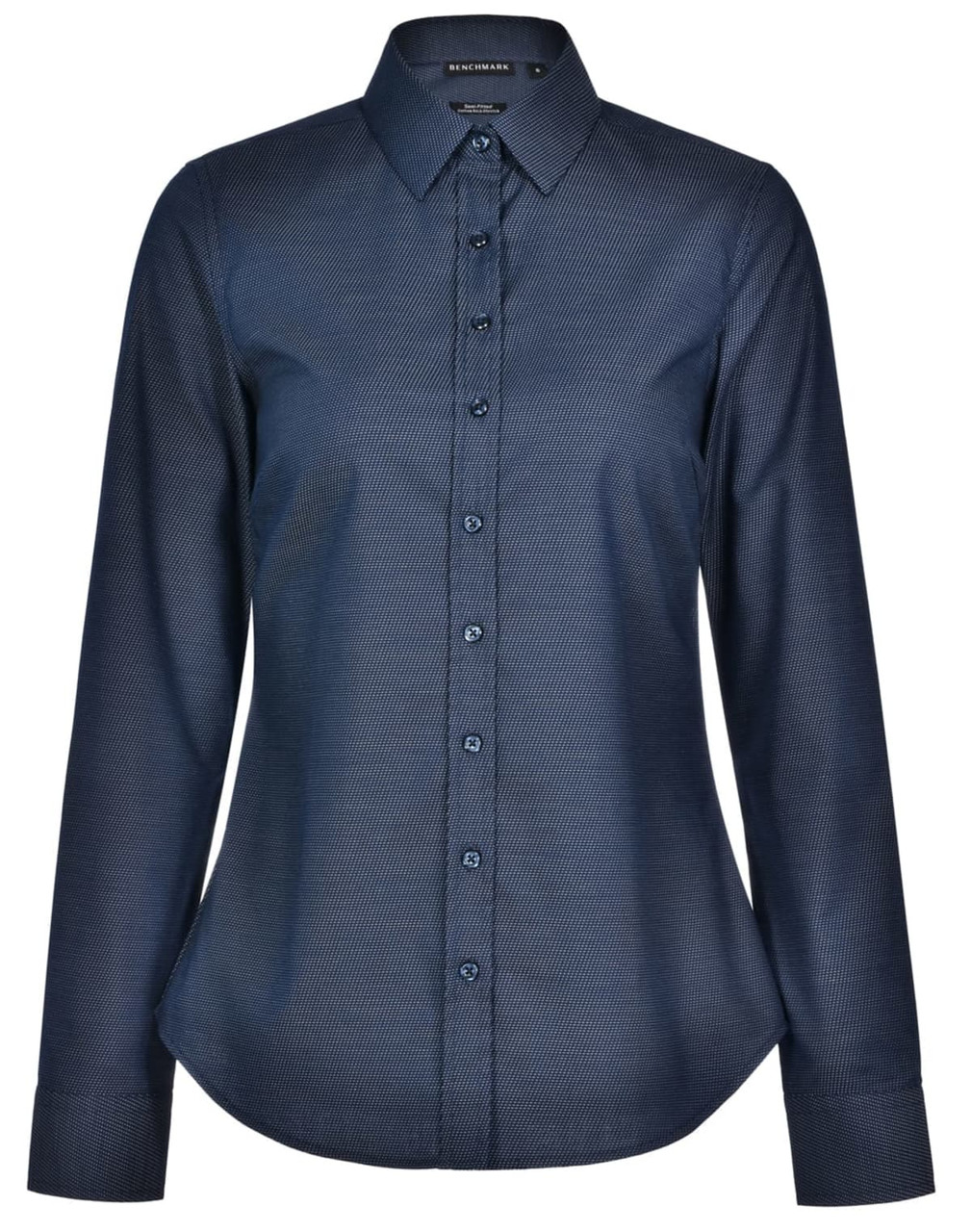A navy blue long-sleeve button-up shirt with a pin dot pattern and a collared neckline. Features a logo on the label.