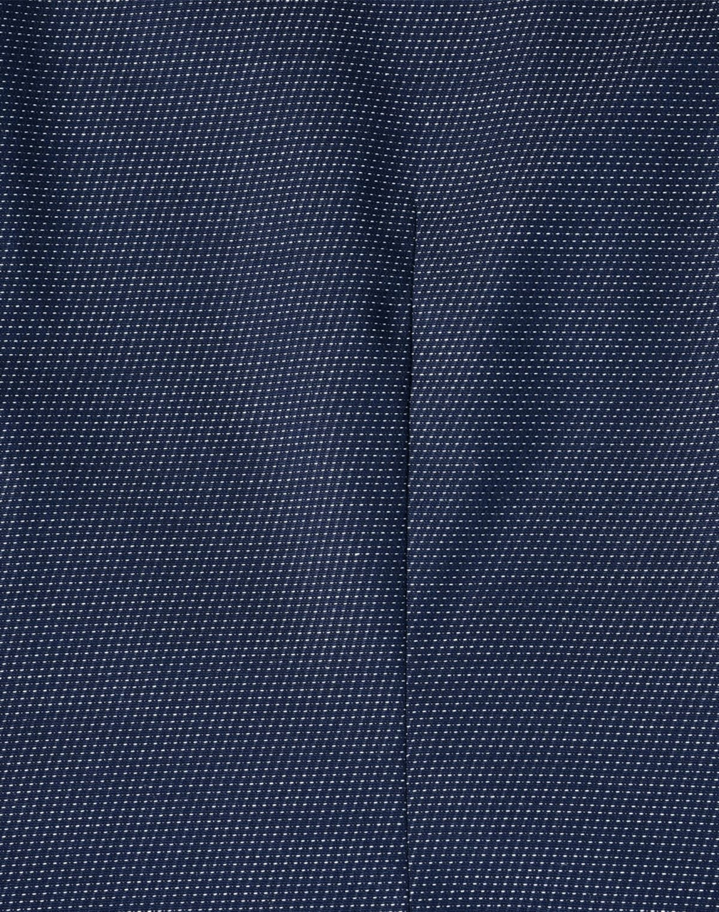 A navy blue stretch button-up shirt featuring a pin dot pattern and a logo.