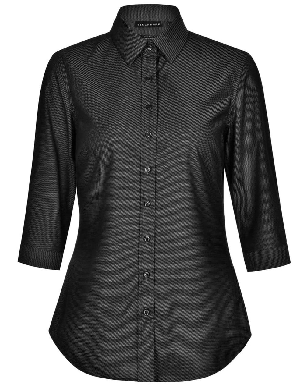 A black ladies' pin dot stretch 3/4 sleeve button-up shirt with a collar and buttons down the front.