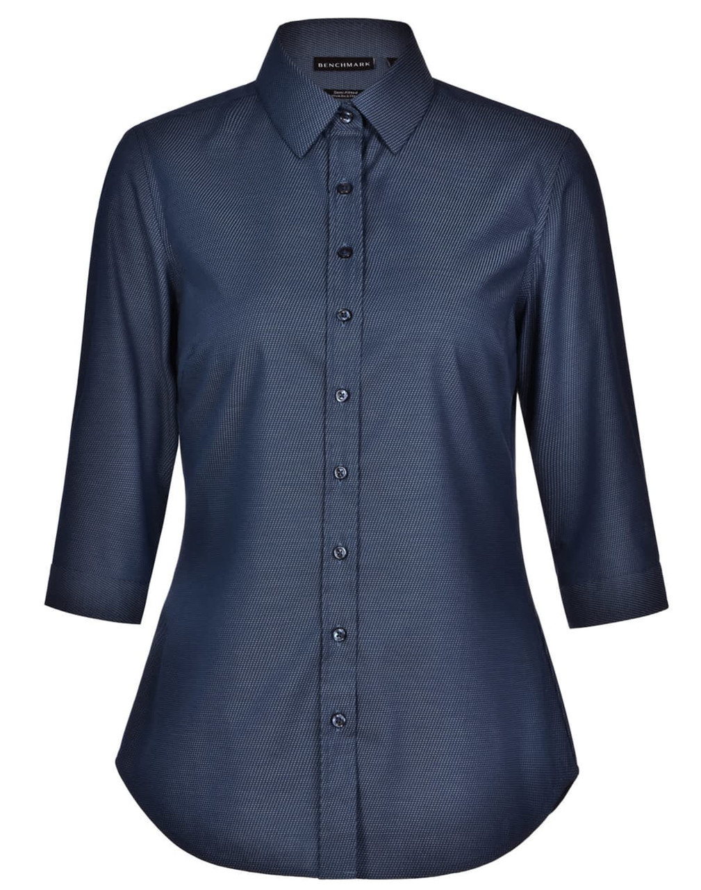 A dark blue ladies' pin dot button-up shirt with 3/4 sleeves and a collar, featuring a logo.