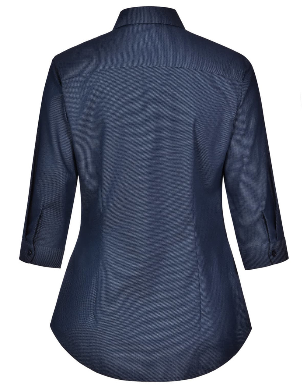 A navy blue ladies' button-up shirt with a pin dot pattern and 3/4 sleeves, featuring a collar and back yoke.