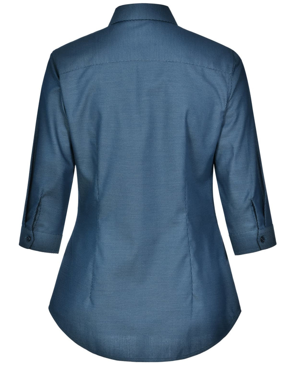 A women's button-up shirt in a blue pin dot pattern, featuring a 3/4 sleeve and a curved hem. It has a logo.