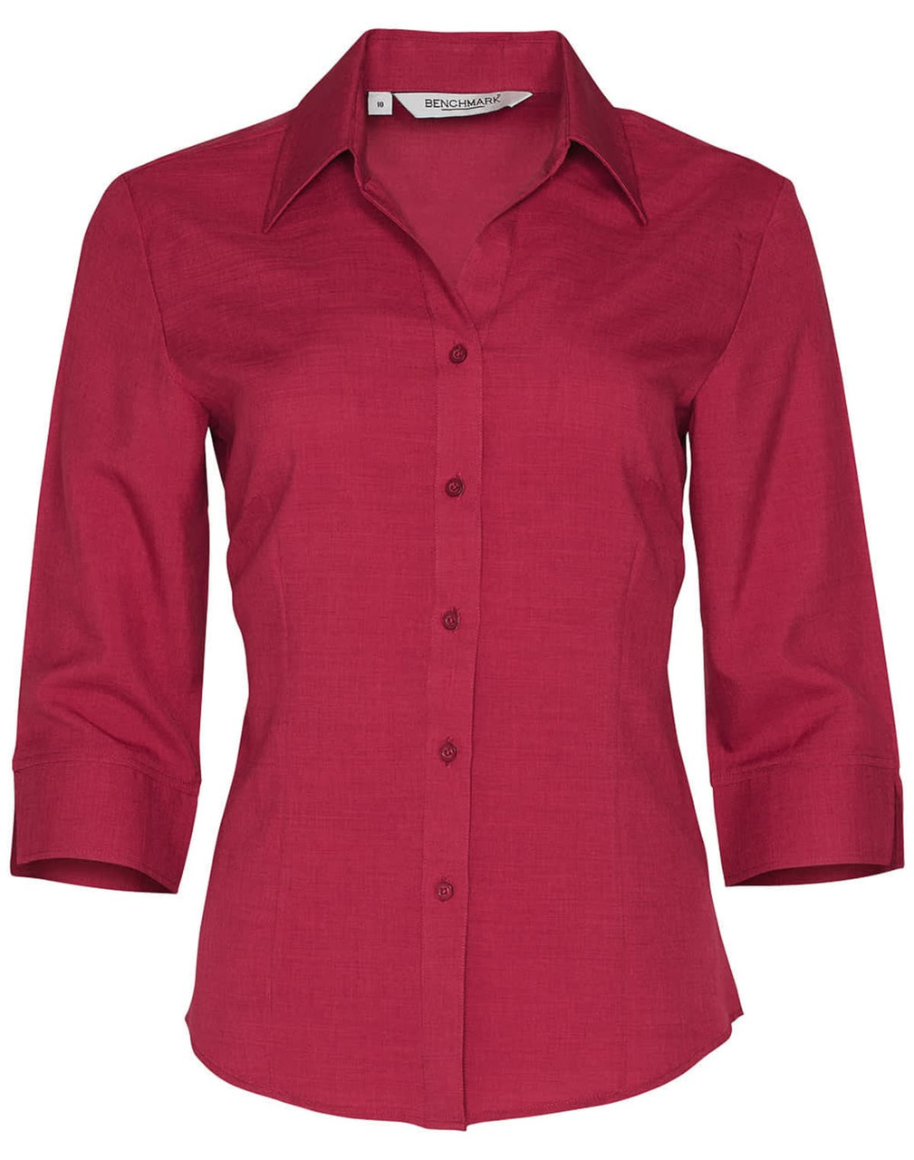 A red 3/4 sleeve shirt with a collar and buttons, featuring a logo on the label.