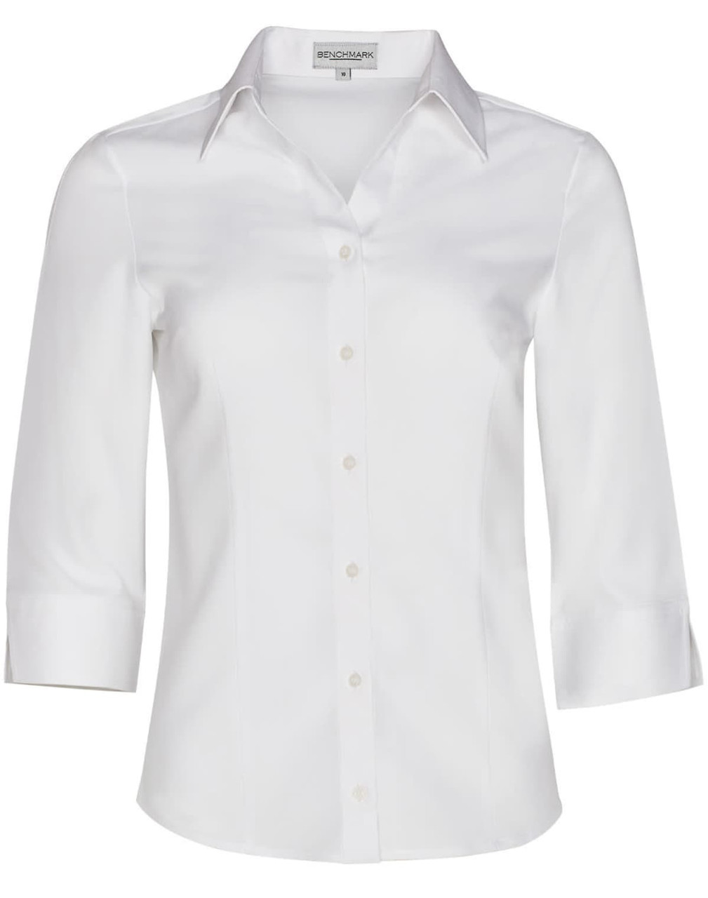A white women's Cooldry 3/4 sleeve shirt with a collar and buttons, featuring a logo.