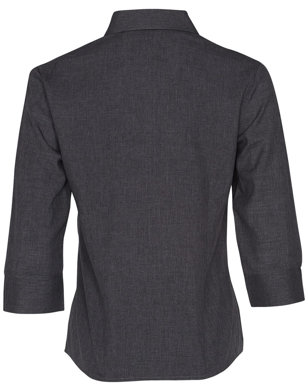 A dark grey women's 3/4 sleeve shirt with a collared neckline and a logo on the back.